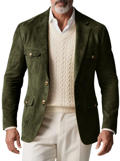 1970s Men's Suede Blazer Retro Slim Fit Two Buttons Multi Pocket High Quality Jacket Fashion Casual Sport Coat For Daily Wear
