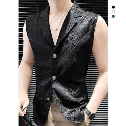 Man Suit Vest Vintage Printed Turn Down Collar Male Waistcoat Thin Slim Single-breasted Sleeveless Casual Men Vest
