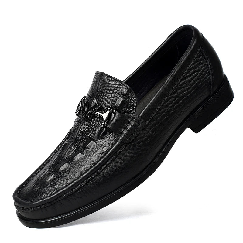 High Quality Round Toe Breathable Loafers Fashionable Brand Men's Comfortable Crocodile Patterned Casual Cowhide and Bean Shoes