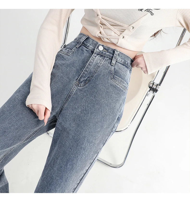 Woman Jeans Elastic High Waist Wide Leg Cotton Denim Clothing Blue White Streetwear Vintage Fashion Harajuku Straight Pants