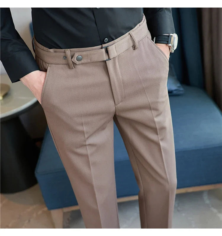 Fashion Belt Decoration Design Men's Suit Pants High Quality Business Slim Fit Casual Straight Formal Wedding Party Trousers