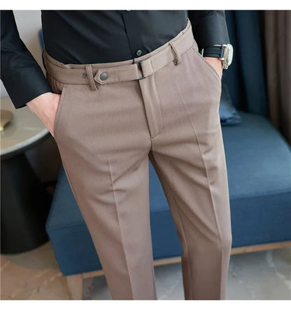 Fashion Belt Decoration Design Men's Suit Pants High Quality Business Slim Fit Casual Straight Formal Wedding Party Trousers