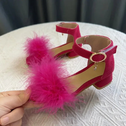 Toddler Girls Sandals Summer Low-heels Children's Sandals Open-toe Princess Fluffy New Versatile Kids Fashion Ankle-strap Shoes
