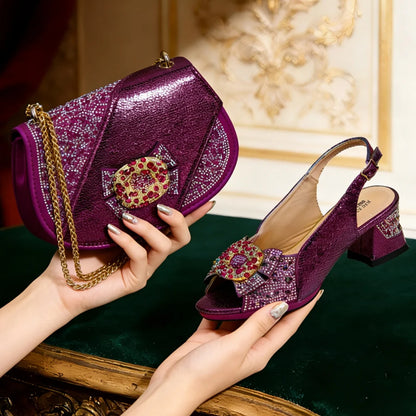 Fashion Mature Style Gold Color Striped Rhinestone Decoation Design Party Wedding Peep Toe High Heels and Bag Set