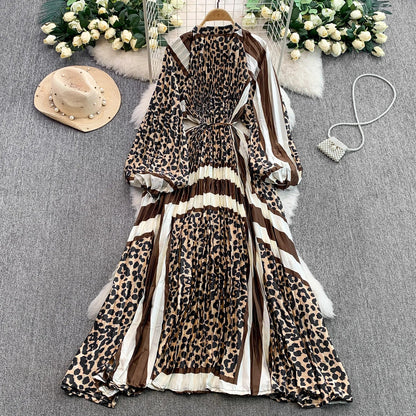 Ele Printed round Ne Lantern Sve Dr Women's Single Button Waist Cinch Maxi Skirt Long Dr Commute Sle Autumn