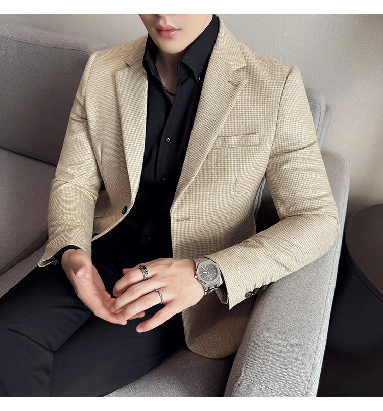 Bright Silk Thousand Bird Grid Suit Jacket Korean-style Business Fashion Slim Fit Single Breasted Men Social Party Dress Coats