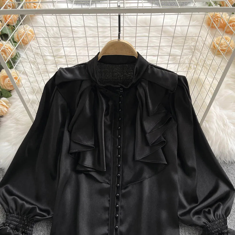 High Quality Satin Loose Shirt Long Flared Sleeves Ruffles O Neck Beading  Women Gentle Office Lady Casual Blouse