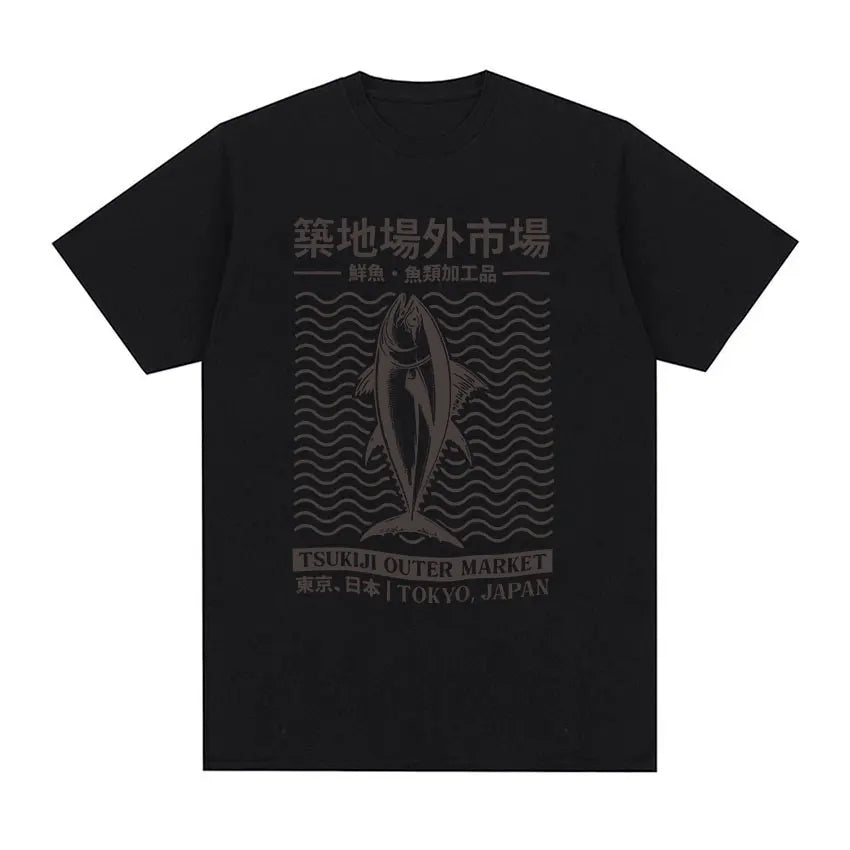 Tokyo Japan Tsukiji Outep Market Funny Meme T Shirts Japanese Fish Retro Harajuku T-shirt Men's Oversized Cotton Tees Streetwear