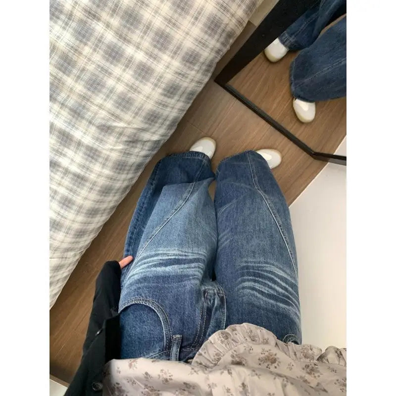 Chic American Street Style Vintage Curved Hem Jeans Women Edgy Design Loose Fit Slimming Wide Leg Floor Length Denim Pants