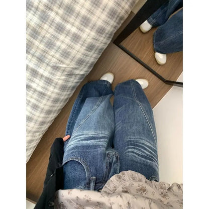 Chic American Street Style Vintage Curved Hem Jeans Women Edgy Design Loose Fit Slimming Wide Leg Floor Length Denim Pants