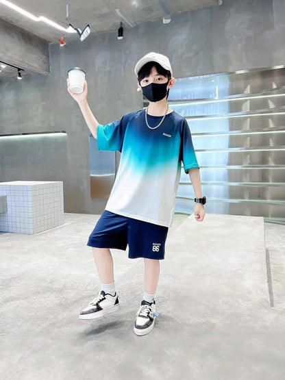 Summer Boys Gradient Quick-dry T-Shirt Top+Shorts Pant Sportswear Set School Kids 2PCS Tracksuit Children Jersey Outfit 5-16 Yr