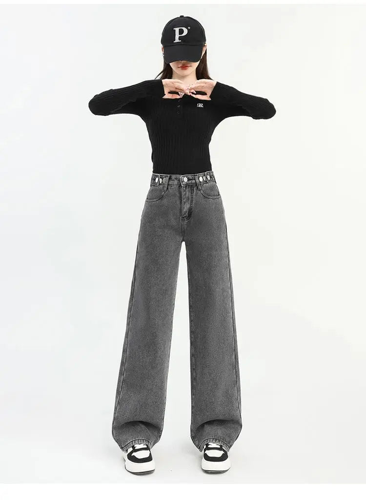 Winter Thick Warm Womens High Waist Jeans Fleece Lined Loose Fit Wide Leg Trousers Korean Style Stretchy Adjustable Waist  Jeans