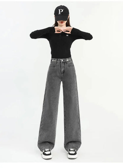 Winter Thick Warm Womens High Waist Jeans Fleece Lined Loose Fit Wide Leg Trousers Korean Style Stretchy Adjustable Waist  Jeans