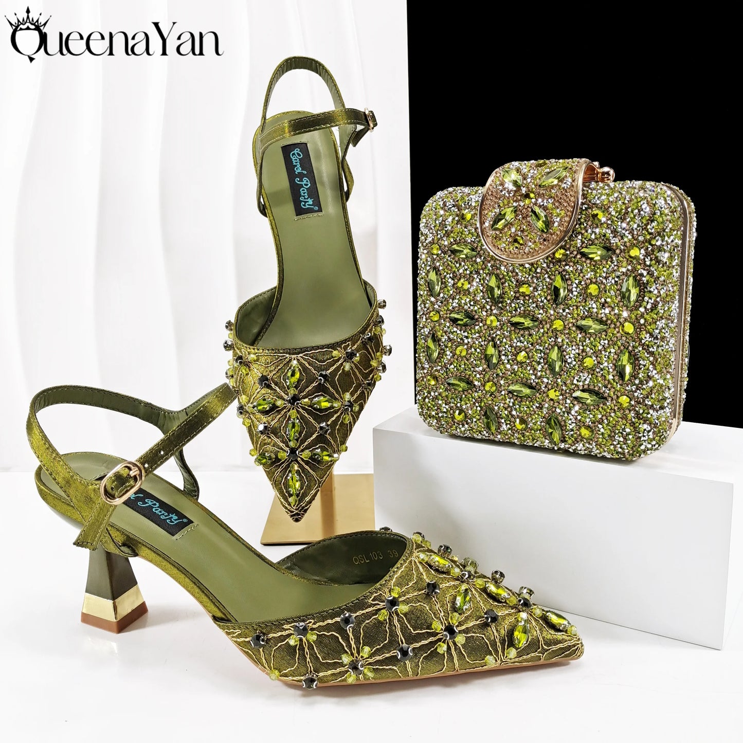 Elegant Full High Quality Diamond Design Olive Color Italian Women's Shoe and Handbag Set for Weddings and Special Occasions