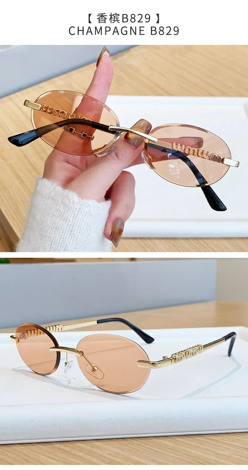 New Oval Rimless Sunglasses Women Luxury Fashion Narrow Sun Glasses Shades Trendy Elegant Diamond Eyewear Lentes De Sol Mujer