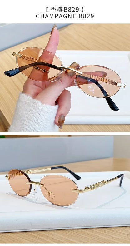 New Oval Rimless Sunglasses Women Luxury Fashion Narrow Sun Glasses Shades Trendy Elegant Diamond Eyewear Lentes De Sol Mujer