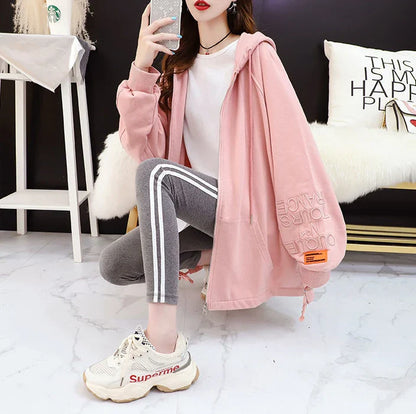 with Zipper Hooded Sweatshirt for Women Full Zip Up Embroidered Woman Tops Spring and Autumn Green Hoodies Long Dropshiping Coat