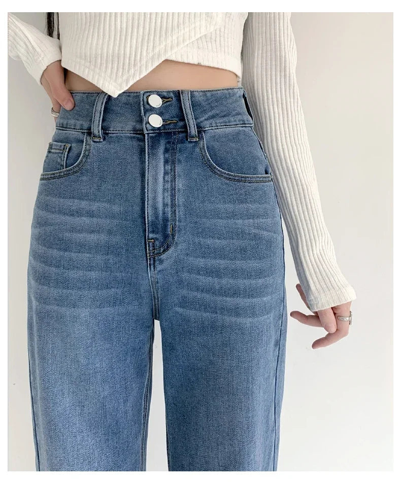 Loose Straight Women's Jeans Fashion Stretch Soft Drape Multi-button High Waist Denim Trousers Street Fashion Female Clothing