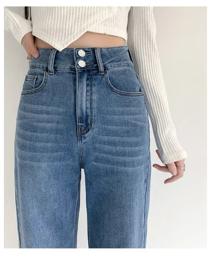 Loose Straight Women's Jeans Fashion Stretch Soft Drape Multi-button High Waist Denim Trousers Street Fashion Female Clothing
