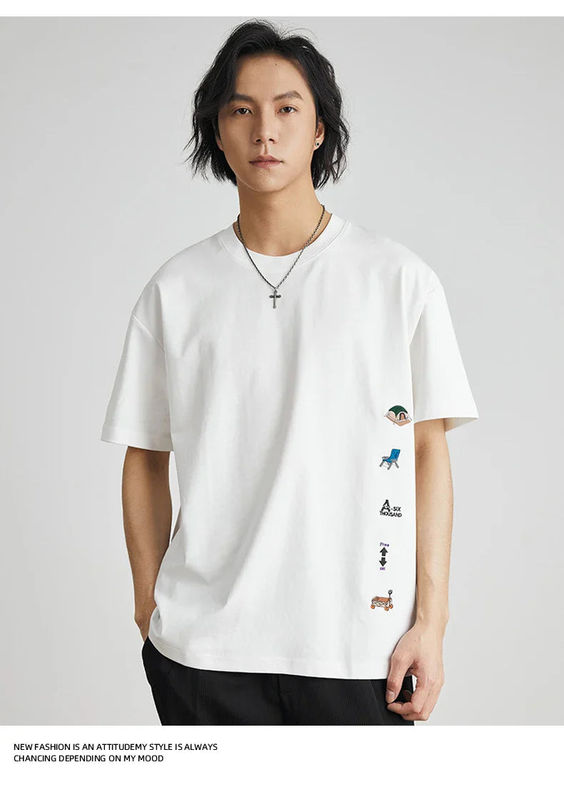 Men's American Retro Short-sleeved T-shirt Men's 2026 Summer New Loose Half-sleeved Embroidered Round Neck Bottoming Shirt