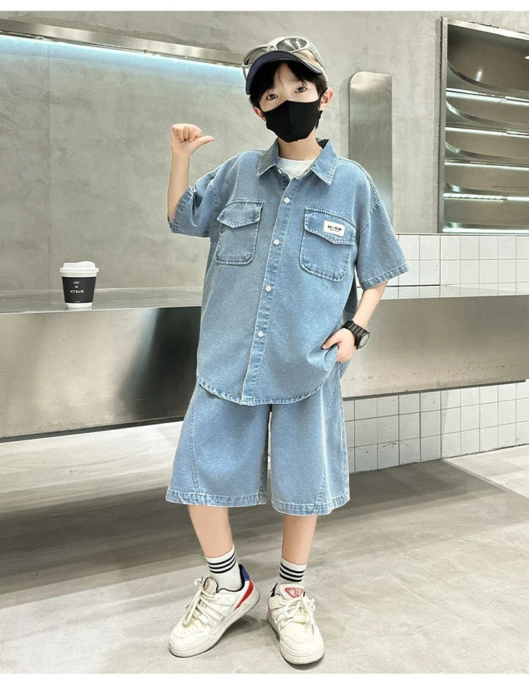 New Casual Kids Child Summer Denim Suit for Teenage Boy High Fashion Short Sleeve Shirt + Shorts 2 Pieces Clothing Set Age 5-14Y