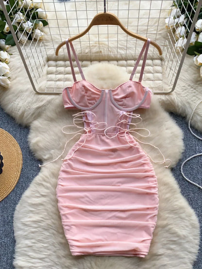 Ins Sexy Hollow Out Sling Dress with Exposed Waist Bandage Pleated Slim Fit Bodyocn Girl's Photo Date Short Dress
