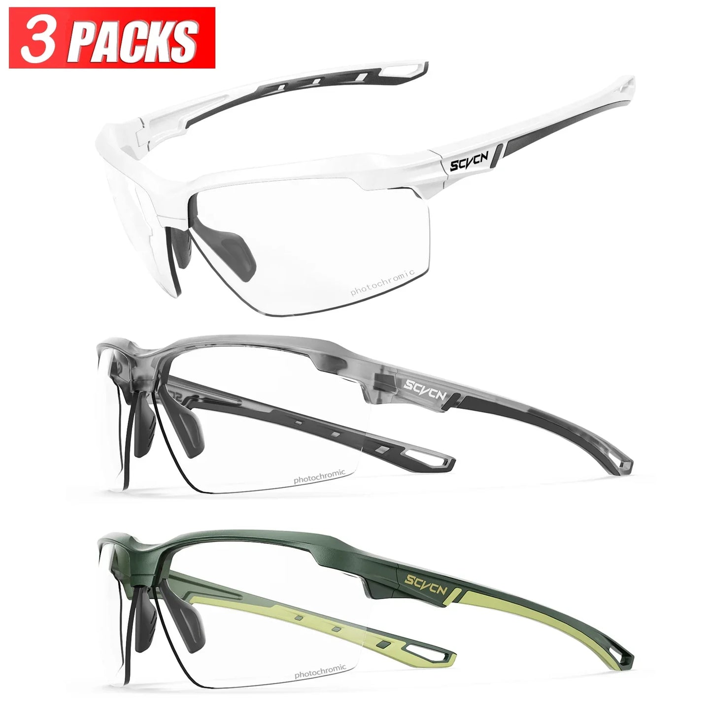 3PACKS Photochromic Cycling Sunglasses Glasses Bike MTB Bicycle Hiking Golf UV400 Sports Glasses for Men Women Baseball