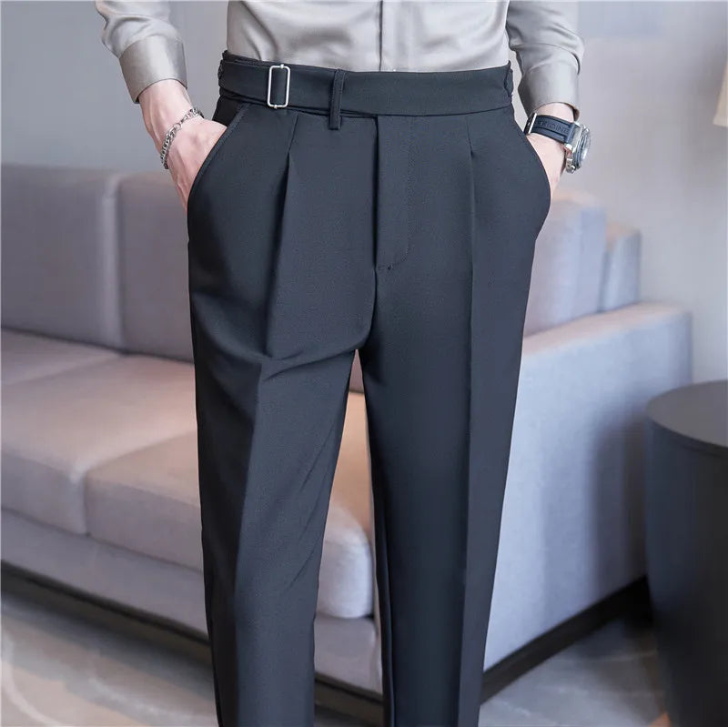 2026 Texture Naples Men's Solid Color Casual Pants Fashion Belt Design Slim Fit Suit Pants Formal Wear Wedding Social Trousers