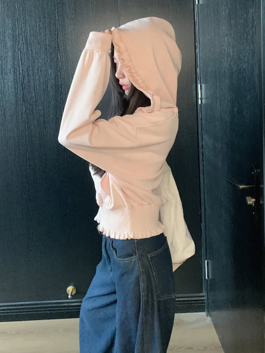 Korean Pink Zipper Hooded Sweatshirt for Women's Cute Outerwear Cardigan with Ruffle Edge Long Sleeved Top Loose Hoodie