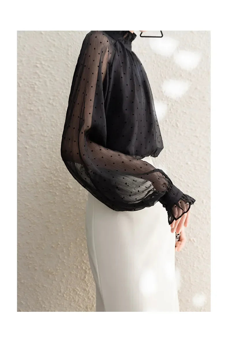 Spring Summer Black Polka Dots Mesh Women's Chiffon Blouses 2025 New Long Sleeve Stand Collar Vintage Loose Shirts Female