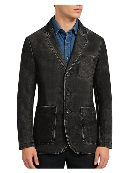 Men‘s Casual Denim Blazer Notch Lapel Jean Jacket Lightweight Stretch Suit Sport Coat with Pockets