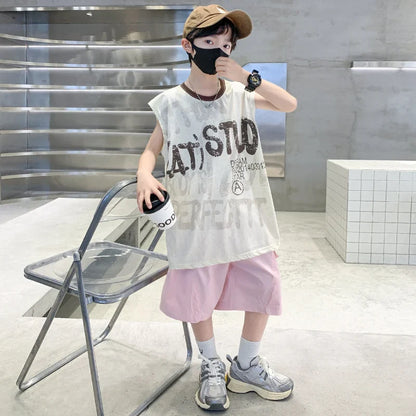 Korean Kids New Summer Suit for Teen Boy Cotton Tshirt + Cargo Shorts 2 Pieces Clothes Set Child Letter Print Outfit Tracksuit