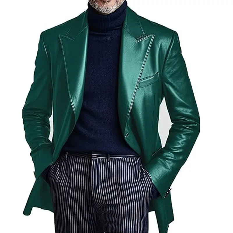 Men's Dress Leather Jacket Burgundy Luxury Slim Fit Notchde Lapel Flap Pocket Retro Soft Sport Coat For Business Casual