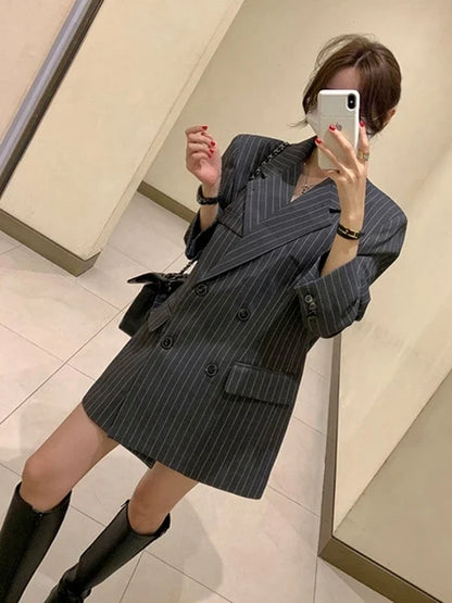 Ele Stripe Loose Faionable Suit Jaet with Belt Hong Kong Sle Retro Chic Top Women's Busin Casual Outerwear