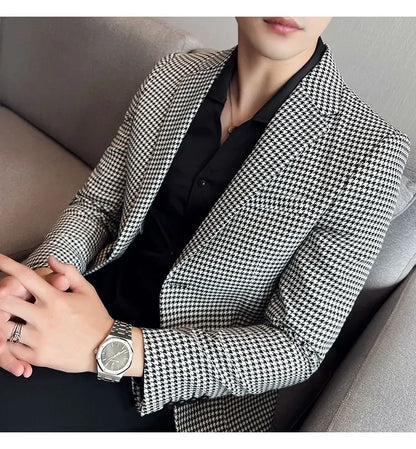 2025 Spring Men's Plaid Suit Jacket Korean Luxury Business Slim Fit Social Suit Jacket Formal Social Party Wedding Prom Tuxedo