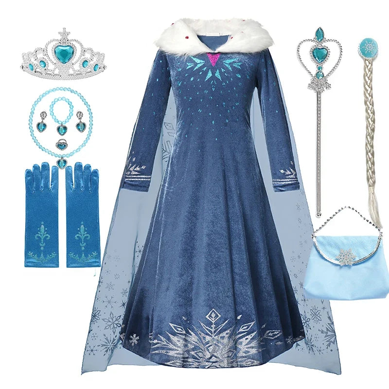 Blue Snowflake Princess Dress Winter Long Sleeve Fur Collar Snow Queen Costume Dress Girl Elsa New Year Christmas Party Clothes