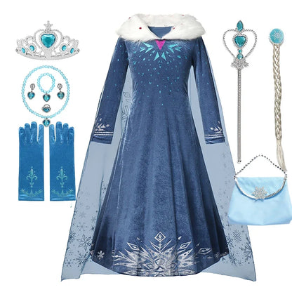 Blue Snowflake Princess Dress Winter Long Sleeve Fur Collar Snow Queen Costume Dress Girl Elsa New Year Christmas Party Clothes