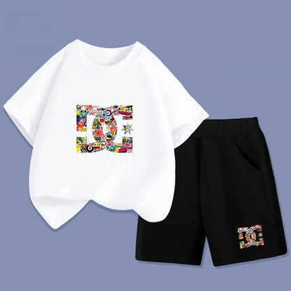 Kids Summer T-Shirt Sets Girls White Boy Black Red Casual T-Shirt+Shorts Printed Kids Outfits Teen Children's Loose Short Sleeve