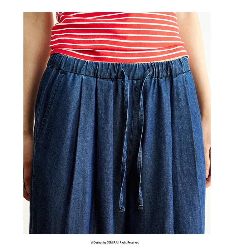 Elastic Waist Denim Pants Women Draped Fit 2025 Summer New Cooling Wide Leg Trousers