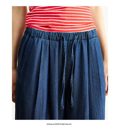 Elastic Waist Denim Pants Women Draped Fit 2025 Summer New Cooling Wide Leg Trousers