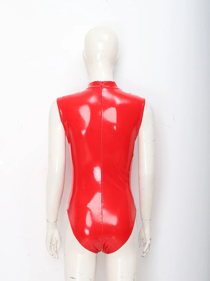 Womens Patent Leather Bodysuit Jumpsuit Sleeveless Invisible Zipper Back Mesh Patchwork Shiny Leotard for Disco Party Clubwear