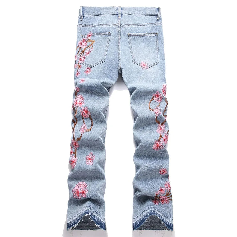 Men Straight Jean Denim Pants Jeans Loose Ankle Length Pant Pockets Casual Washed High Street Distressed Zipper Fly Spliced