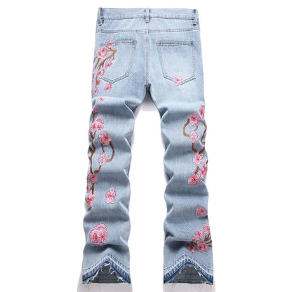 Men Straight Jean Denim Pants Jeans Loose Ankle Length Pant Pockets Casual Washed High Street Distressed Zipper Fly Spliced