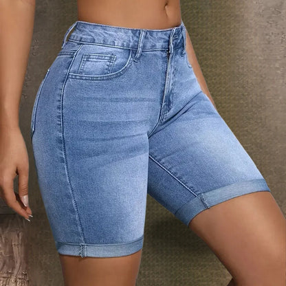 Women's Mid Rise Stretchy Denim Bermuda Shorts Rolled Cuff Slim Fit Butt Lifting Casual Summer Hot Pants for Streetwear & Daily