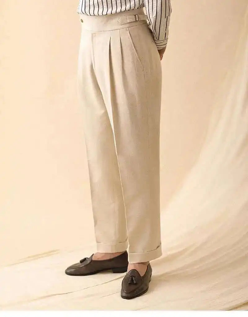 Linen Straight Pant For Men 2024 Summer Business Gentleman Naples Pant Paris Buckle Drape High Waisted Trousers Men Formal Pant