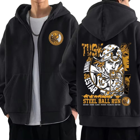 Anime Jojo Bizarre Adventure Zipper Hoodies Johnny Joestar STEEL BALL RUN Manga Zip Up Sweatshirts Men Fashion Pullovers Coats