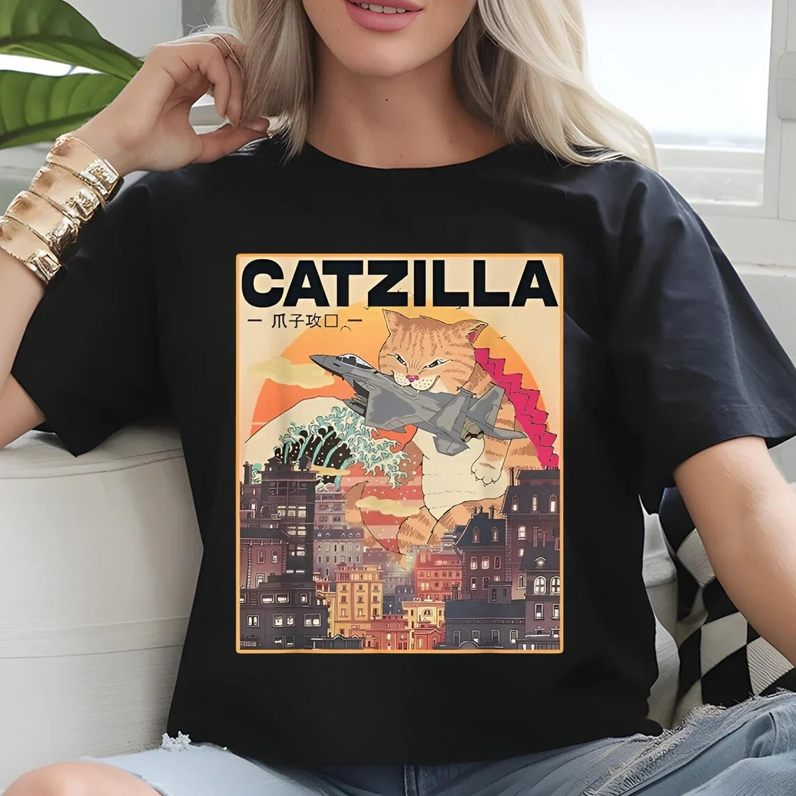 Japanese Cat Printed T-shirts Women Manga Graphic O-Neck Tops Harajuku Tee Female Clothing Fashion Top