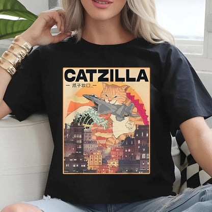 Japanese Cat Printed T-shirts Women Manga Graphic O-Neck Tops Harajuku Tee Female Clothing Fashion Top