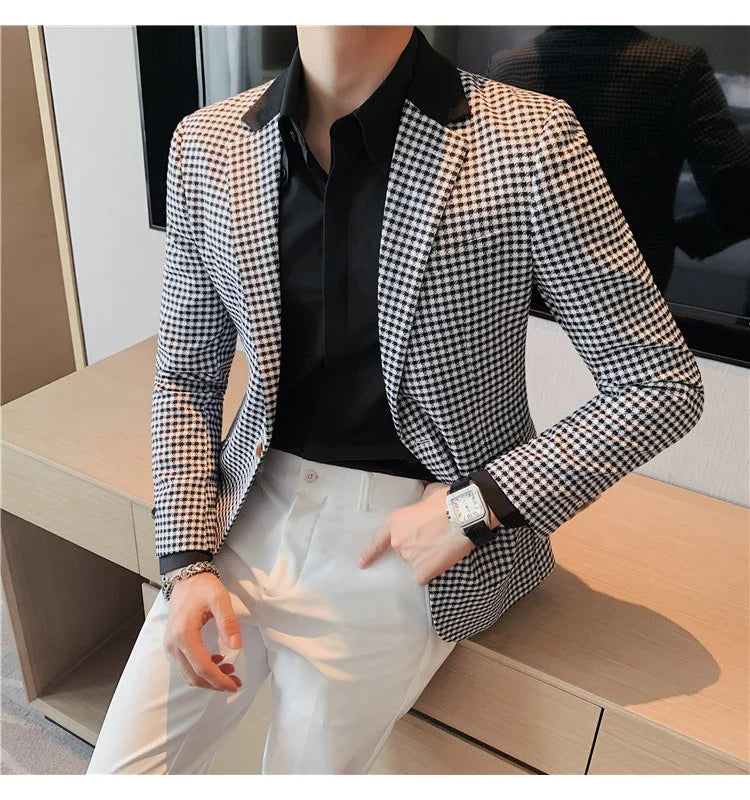 2024 Autumn Winter Korean  Houndstooth Blazer Jackets Fashion Color Matching Lapel Design Casual Men's Plaid Suit Coat Tuxedo