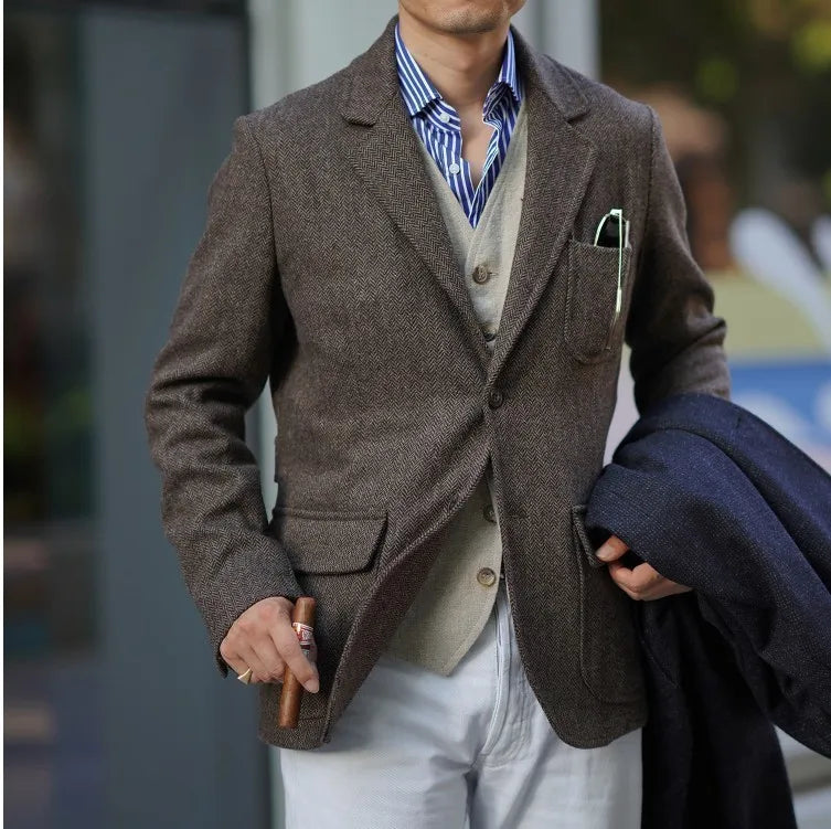 Spring Men's Peaky Blinders British Retro Tweed Wool Herringbone Hunting Casual Blazer